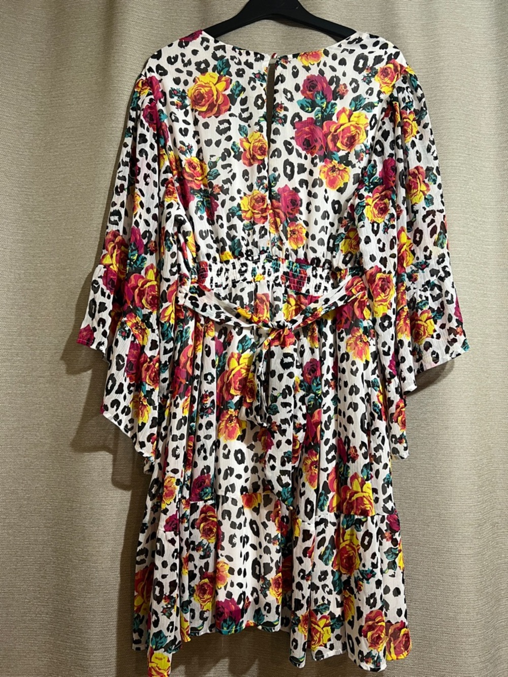 Torrid x Betsey Johnson Leopard Rose Chiffon Ruffle Bell Sleeve Mini Dress 2X - Picture 2 of 10
